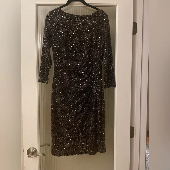 anne klein sequin dress Anne Klein Color Block Black White Sequin Midi Stretch Lined Dress Size 24W New
